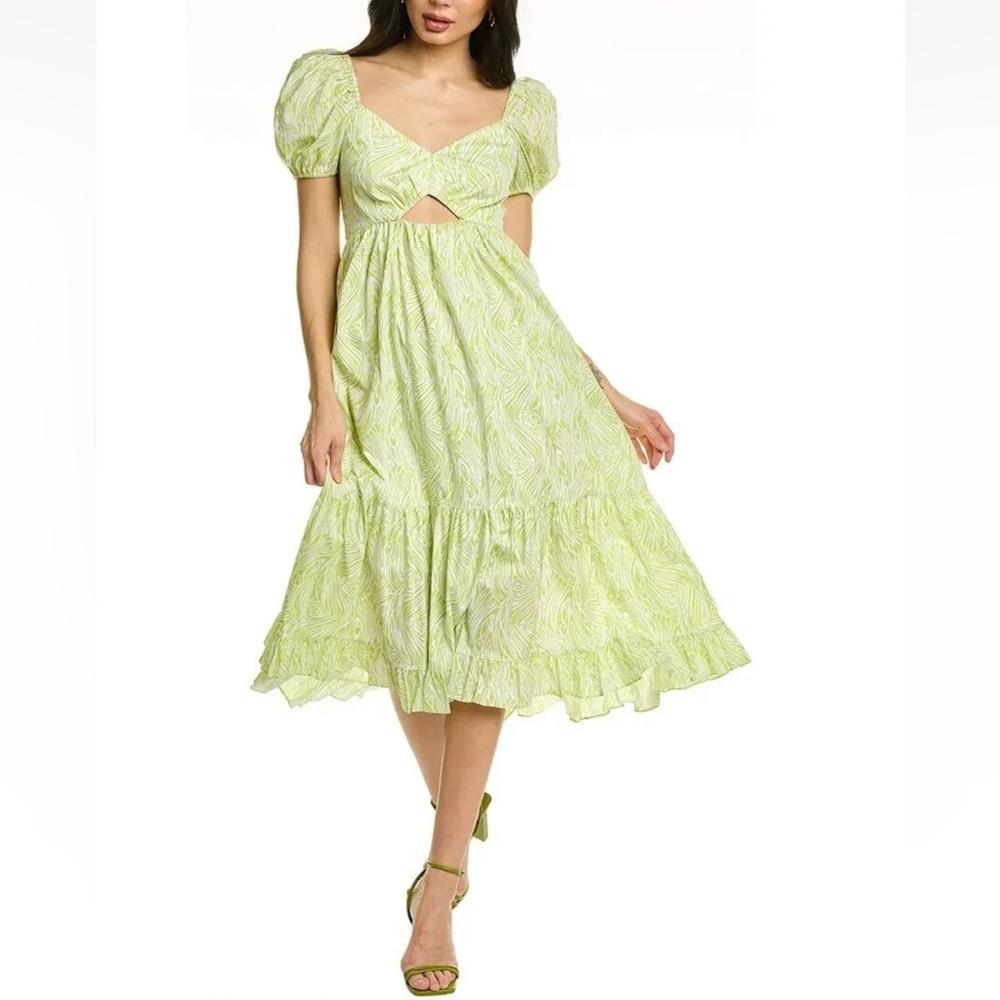 Cinq à Sept Tevah Cap Puff Sleeve Midi Dress Cut Out Cotton Green Sweetheart 0